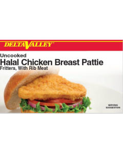 Frozen Delta Valley - Uncooked Breaded Chicken Breast Pattie Fritters, Halal - 10 Lbs, Avg 50 Ct